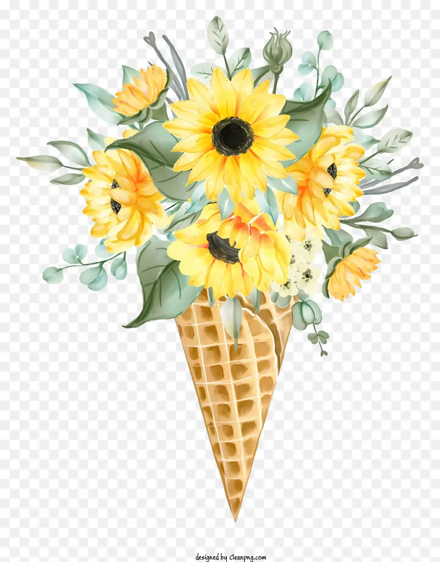 sunflowers bouquet waffle cone black and white yellow