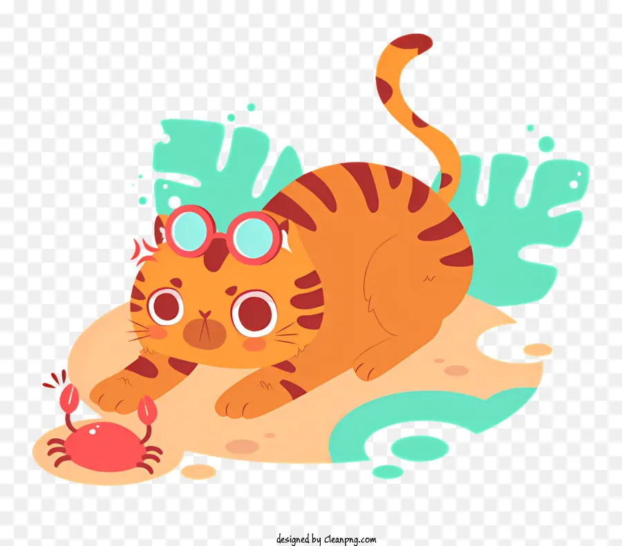 cat wearing sunglasses cat playing with a crab orange cat cartoon-like appearance imaginary scene