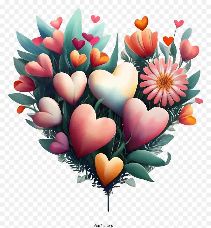 a forma di cuore - Ghirlanda del cuore stilizzato con cuori e fiori rosa-arancione