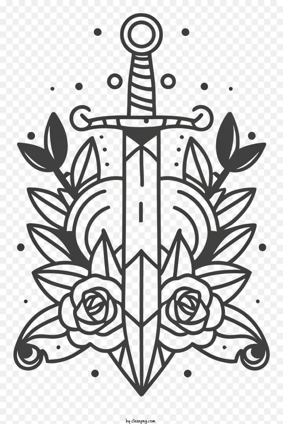 Schwert Tattoo Design Schwarz -Weiß -Tattoo Symbol des Kraftsymbols für Schutzkrieger und Ritter - Schwarz -Weiß -Tattoo von Schwert und Rosen