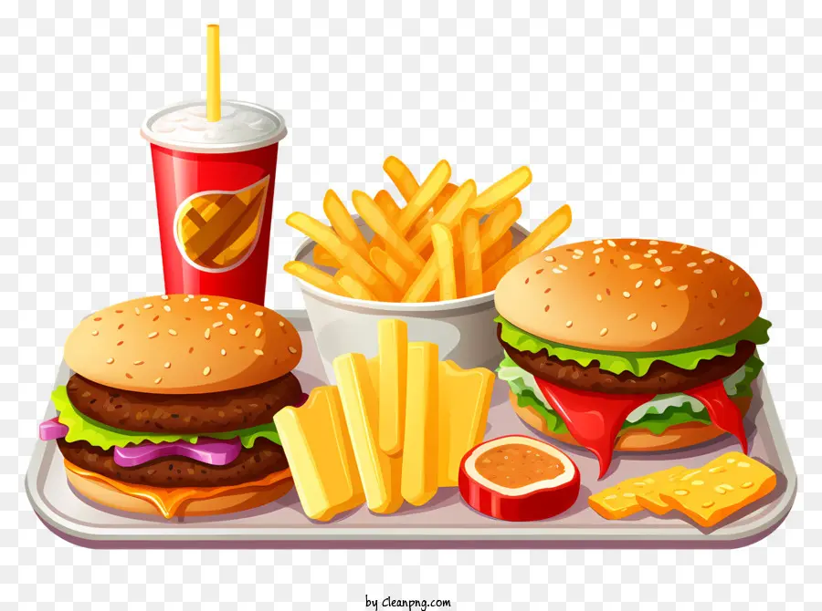 Fast -Food -Hamburger -Pommes Getränke Gewürze - Fast -Food -Mahlzeitschale mit verschiedenen Artikeln