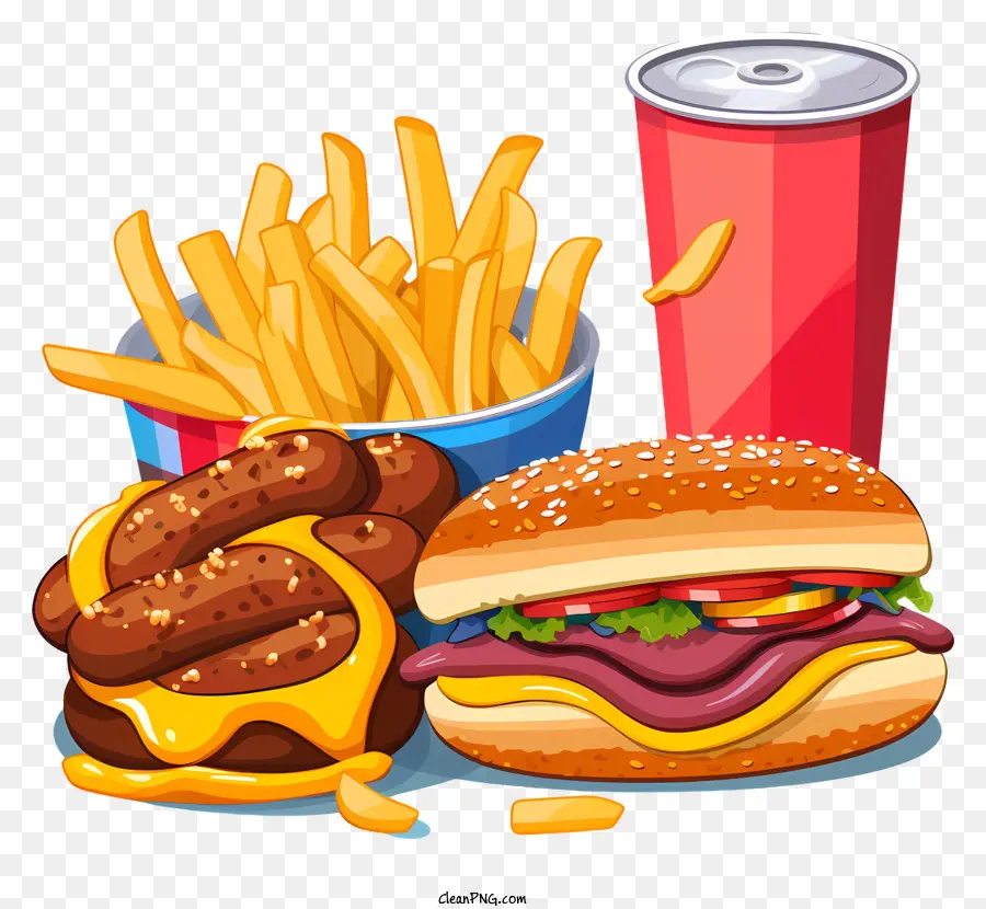 khoai tây chiên - Burger, khoai tây chiên và soda trên nền đen
