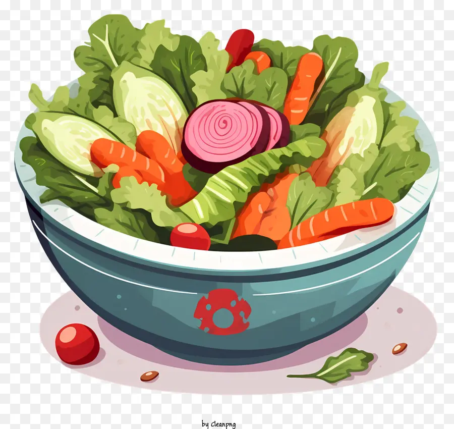 Schüssel mit gemischten Gemüse Karotten und Radieschen Blaues Blattgemüse frischer Salat - Statisches Bild von gemischten Grüns in blauer Schüssel