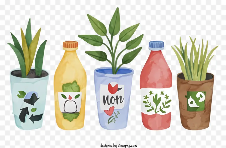 piante di bottiglie di plastica etichette ecologiche verdi e salutari - Piante in bottiglie etichettate sulla superficie bianca