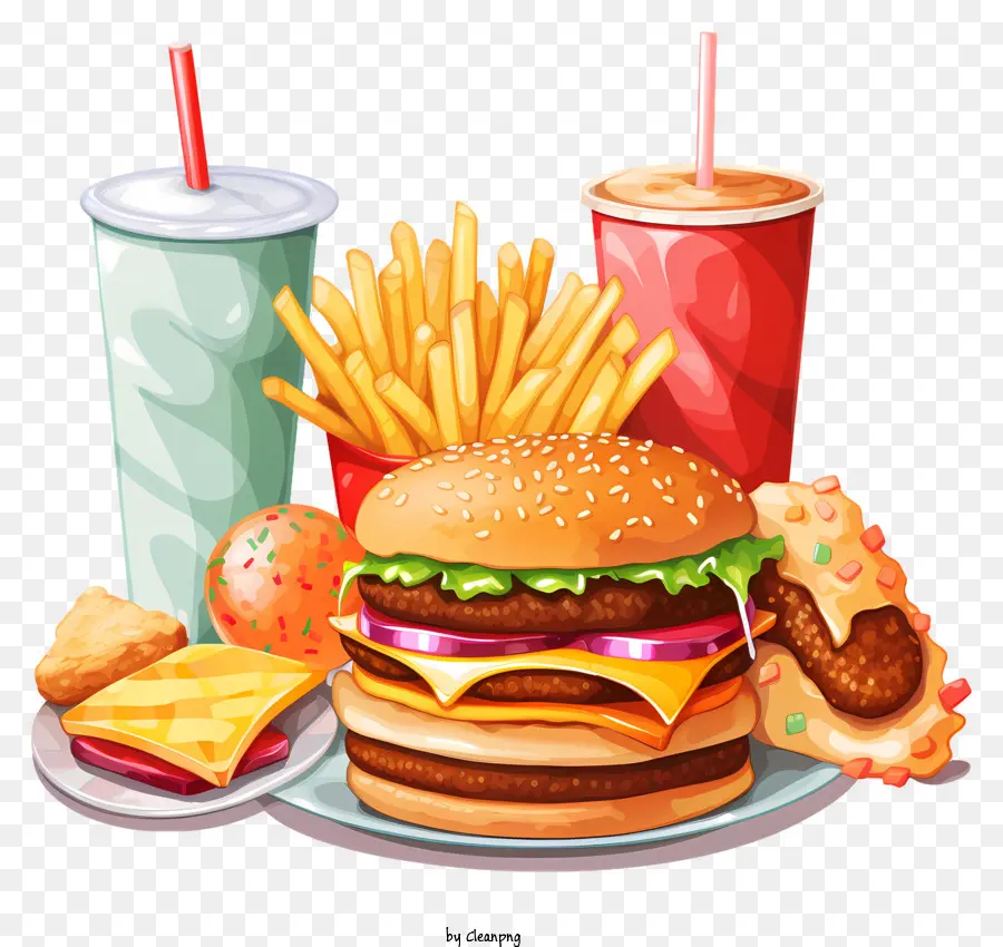 Pommes Frites - Bild der Fast -Food -Mahlzeit: Pommes, Burger, Getränk