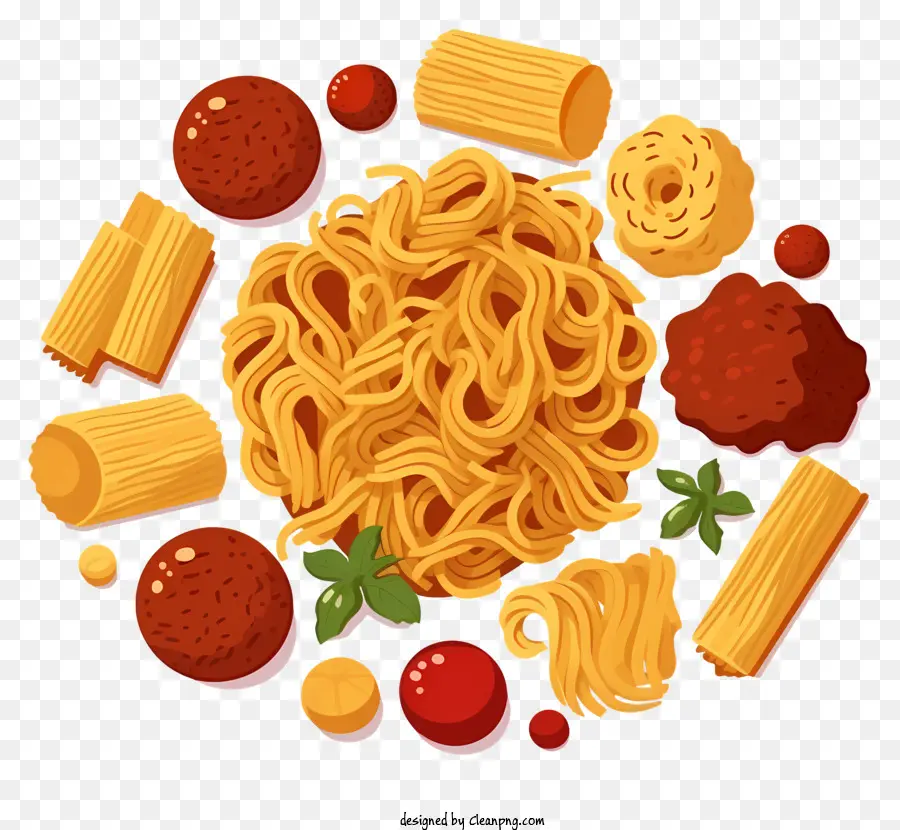 spaghetti noodles mushrooms tomatoes mozzarella cheese cartoon style