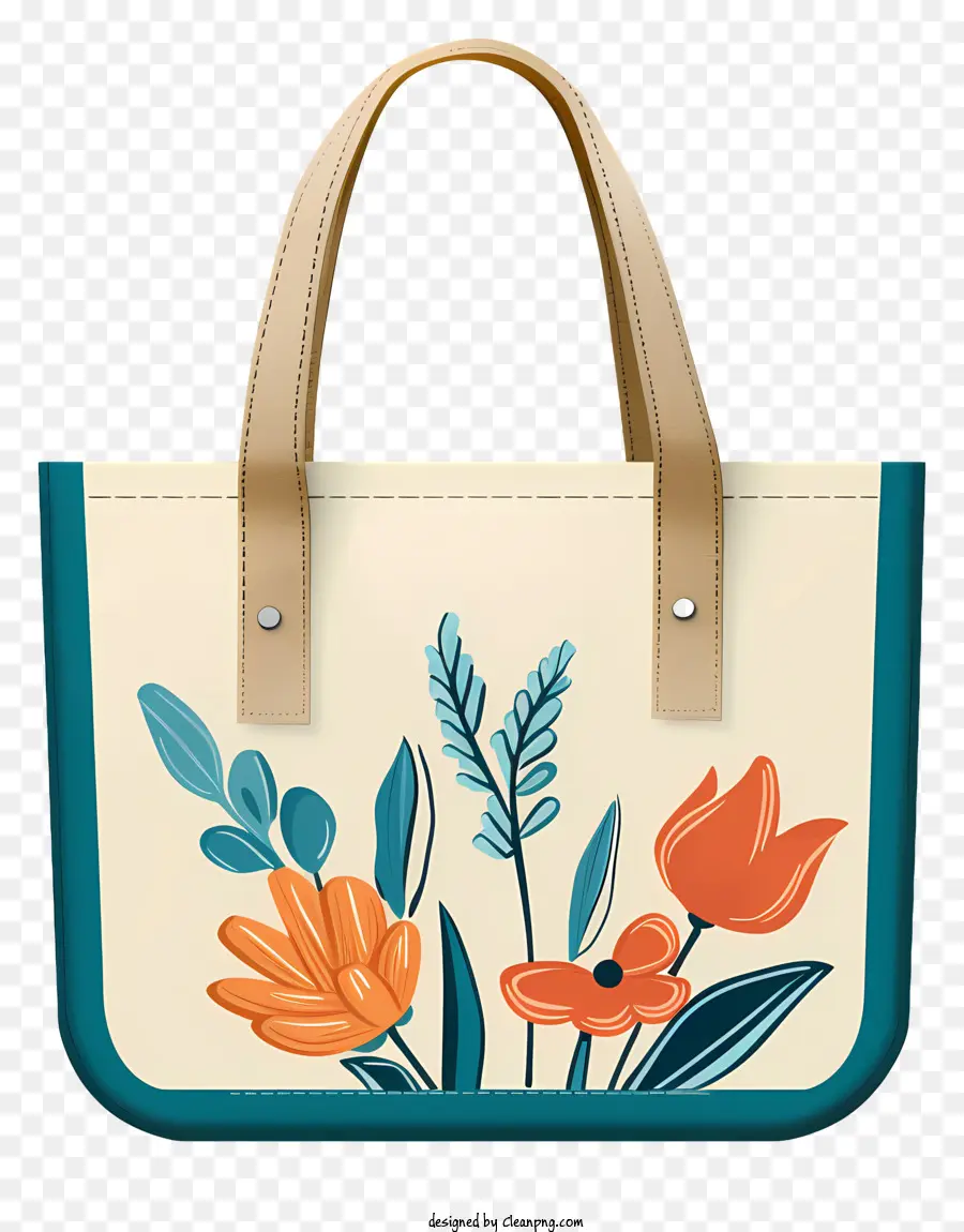Weiße Einkaufstasche Orange und Blau Blumendesign Griff auf der rechteckigen Form schwarzer Lederband - Weiße Einkaufstasche mit Blumendesign und Taschen