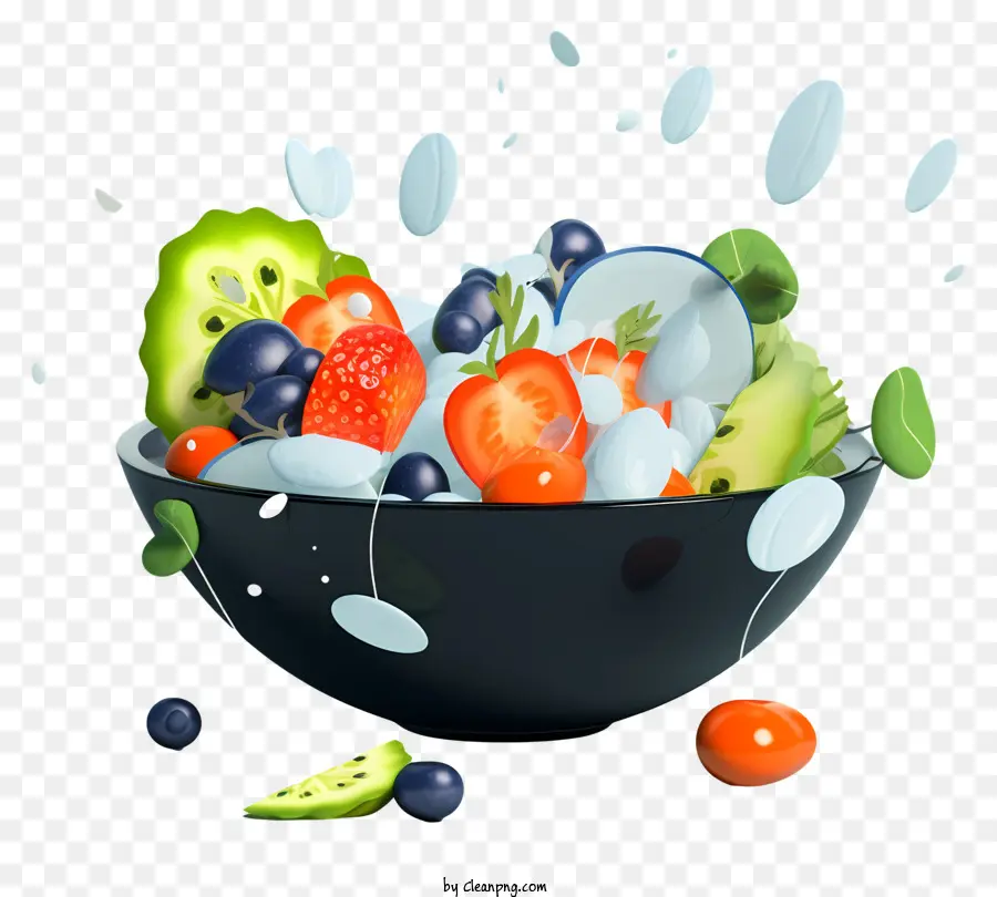 anguria - Immagine ben composta di frutta e verdura che cadono da una ciotola di metallo