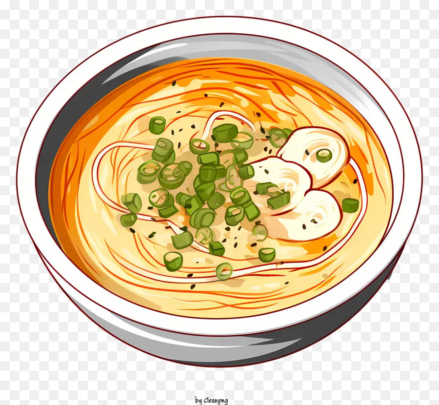 bowl of noodles soup with green onions chives on top white porcelain bowl black background