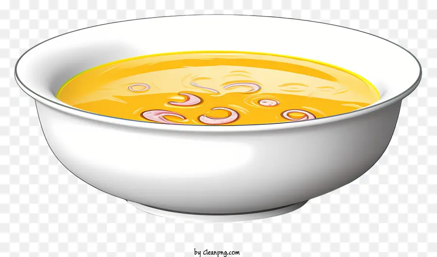 yellow soup orange chunks porcelain bowl white interior silver spoon