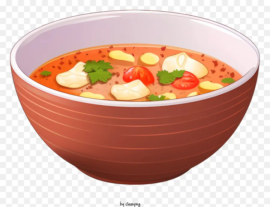 bowl of soup shrimp tomatoes onions brown clay bowl