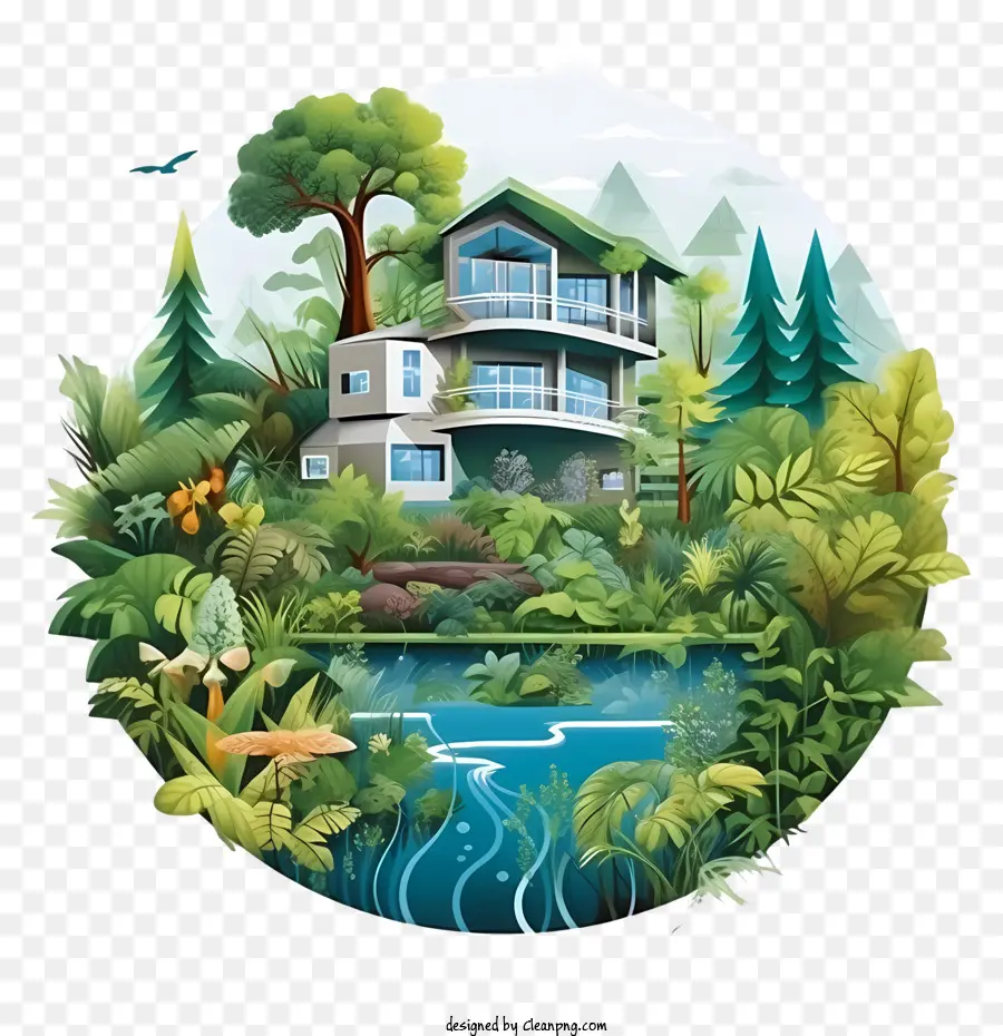 eco house landscape forest house water