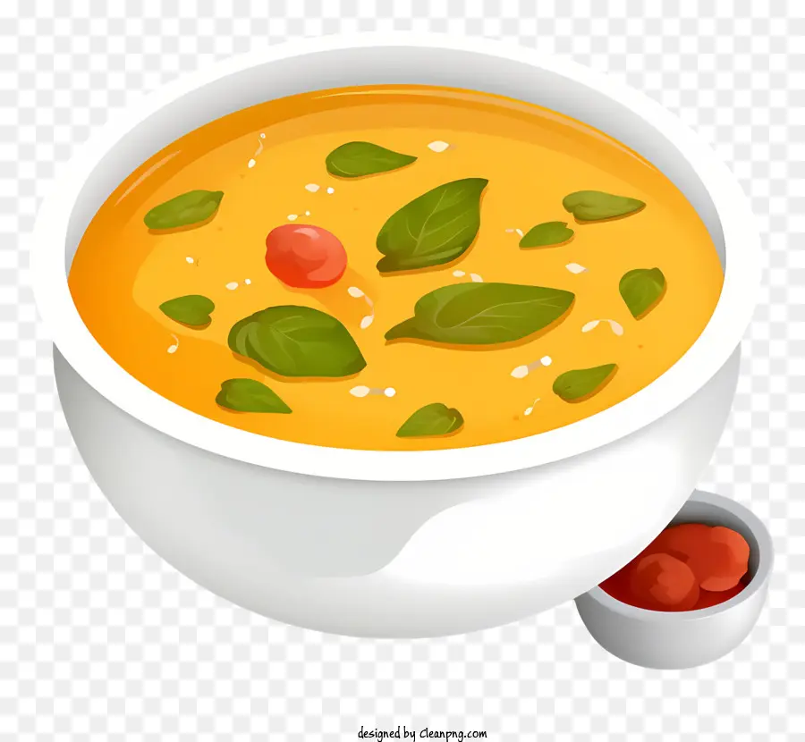 bowl of soup yellow soup green leaves spices pale yellow soup