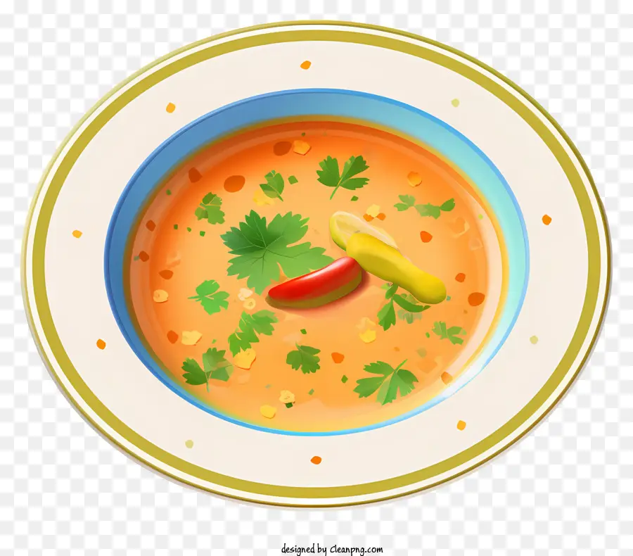Suppe Rot Suppe Orange farbige Suppe Koriander Pfeffer - Bunte Schüssel Suppe mit Pfeffergarnitur