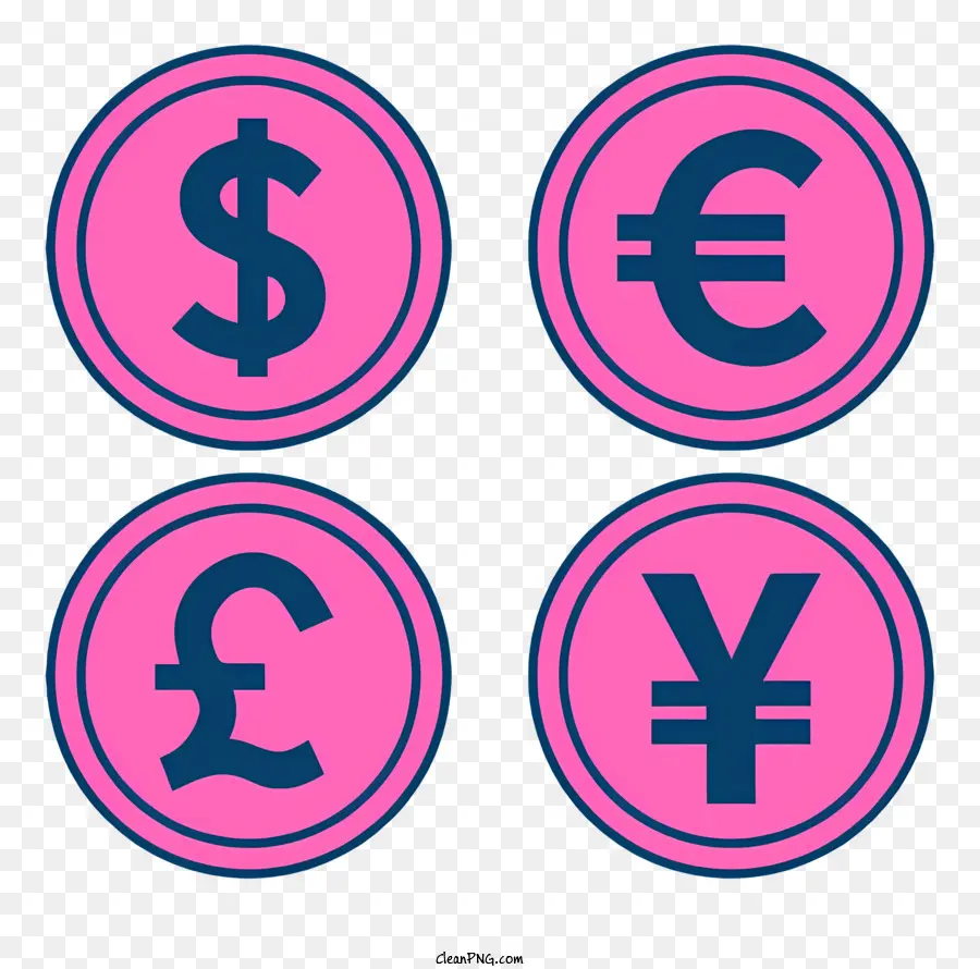 Währungssymbole Dollar Symbol Euro Symbol Pfund Symbol Yen Symbol - Vier rosa Kreise mit unterschiedlichen Währungssymbolen