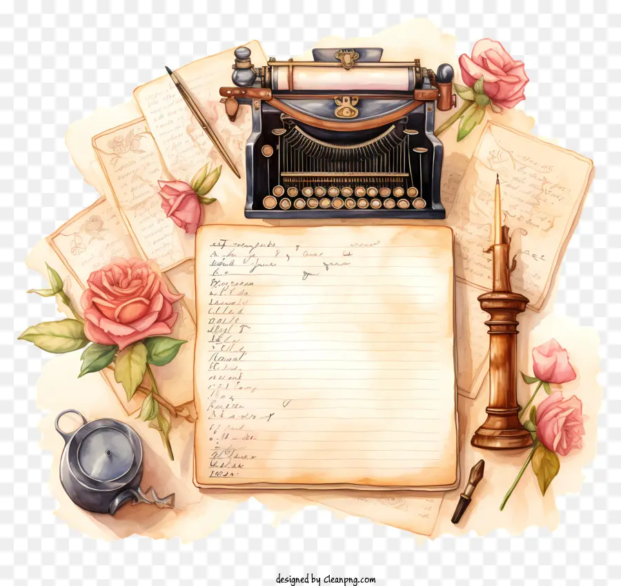 rosa Rosen - Vintage -Schreibmaschine mit rosa Rosen und Papier