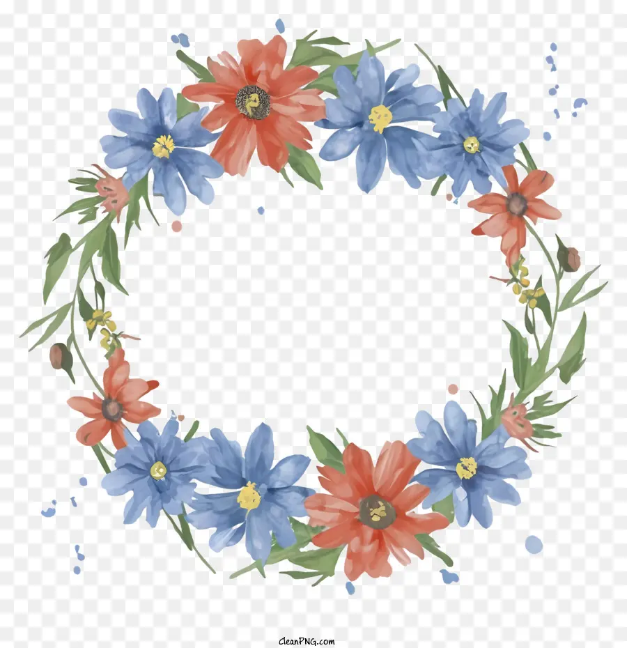 Kranz bunte Gänseblümchen blaue Blüten runde Formkreismuster - Farbenfrohe Gänseblümchen und blauer Blumenkranz schweben
