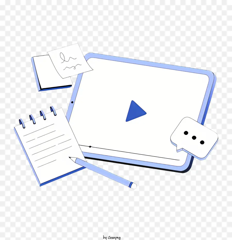 sfondo bianco - Tablet computer con schermo blu, oggetti disposti simmetricamente