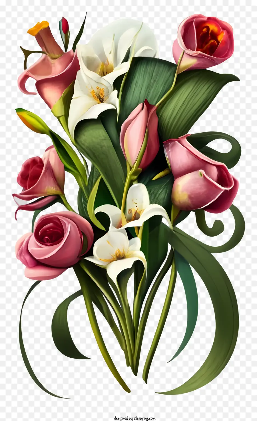 bouquet di rose e gigli fiori rosa e bianchi disposti in un vaso dipinto in stile realistico vivido e realistico - Pittura realistica di bouquet con fiori rosa