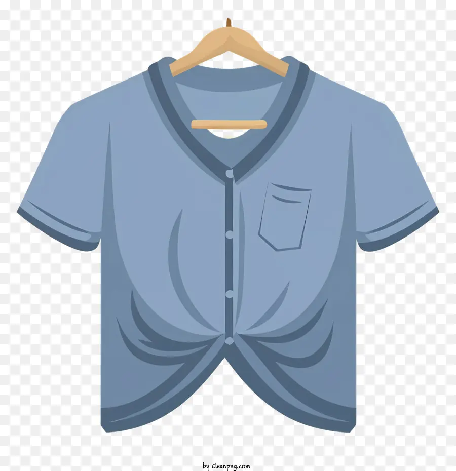 blue dress shirt wooden hanger v-neckline single button closure elastic cuffs