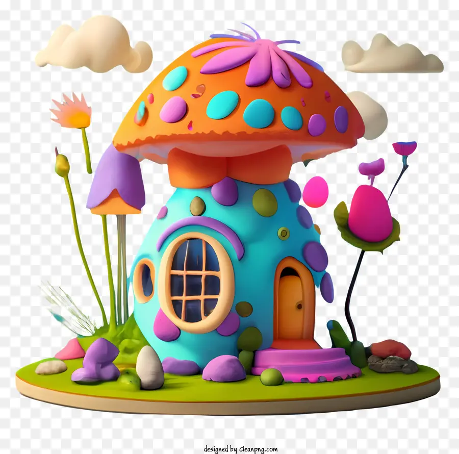 mushroom house whimsical scene pink roof white walls mushroom-shaped windows
