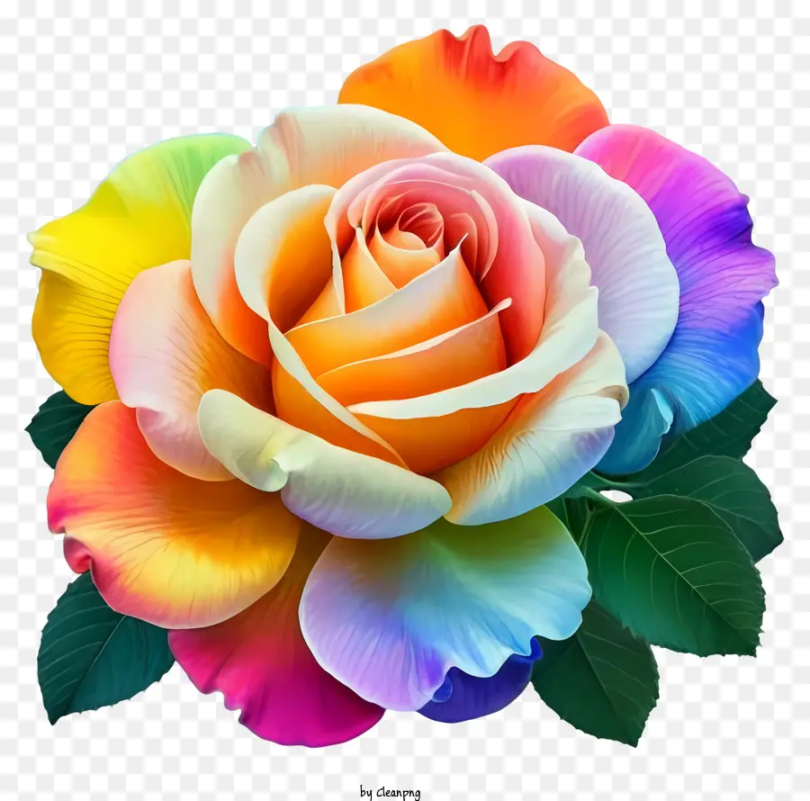 Rainbow Rose - Regenbogen stieg auf schwarzem Hintergrund mit Blättern