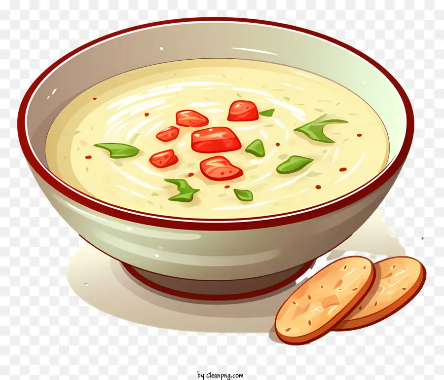 cremige Suppengemüse Suppe Backbänder rot und weiß gegnerische Schüssel - Appetitliche cremige Suppe mit lebendigem Gemüse und Crackern