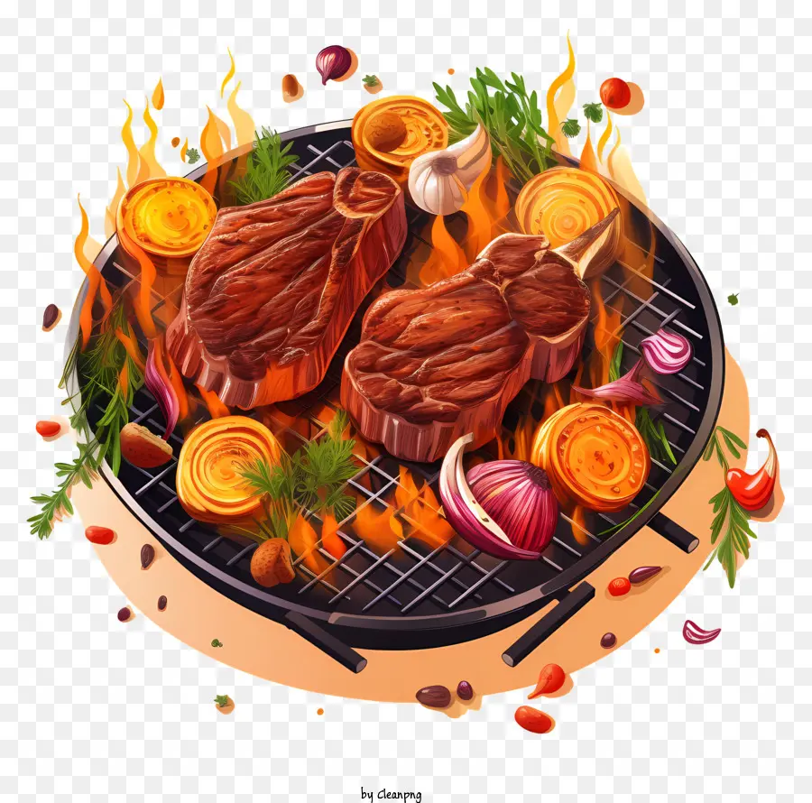 BBQ Grill Fleisch und Gemüsegrill -Eisengrill geräuchertes Lebensmittel Gegrilltes Gemüse - Grill mit Fleisch, Gemüse, Feuer und Rauch grillen