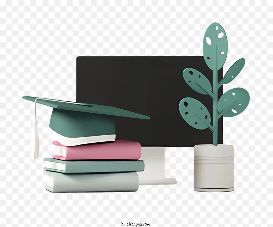 Stapel Bücher - Topfpflanze, Bücher und Abschlusskappe auf dem Computerbildschirm