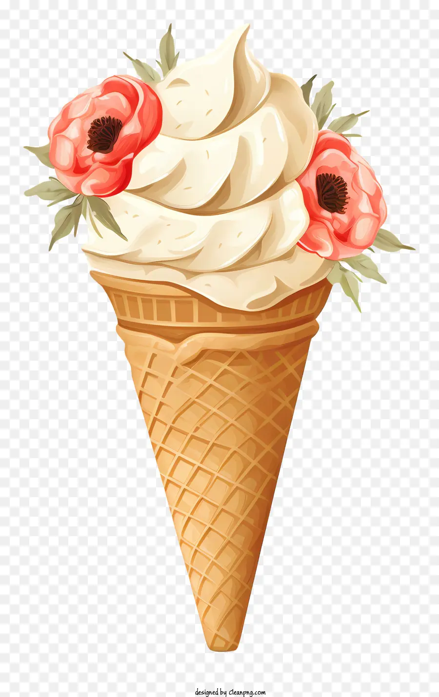 ice cream cone whipped cream topping red flowers cone shaped container creamy white ice cream