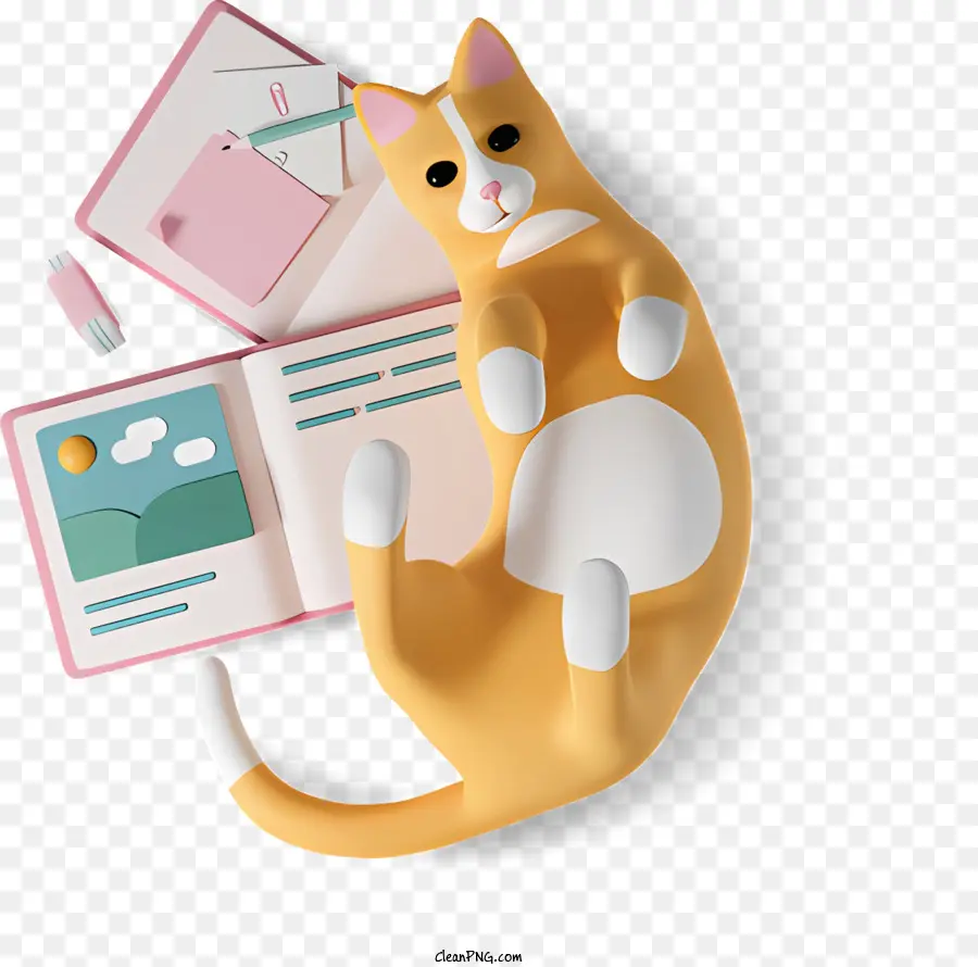 Katzenbuch Orange und weißer Katzenpfotenschalen - Katze ruht auf einem Buch, das von Objekten umgeben ist