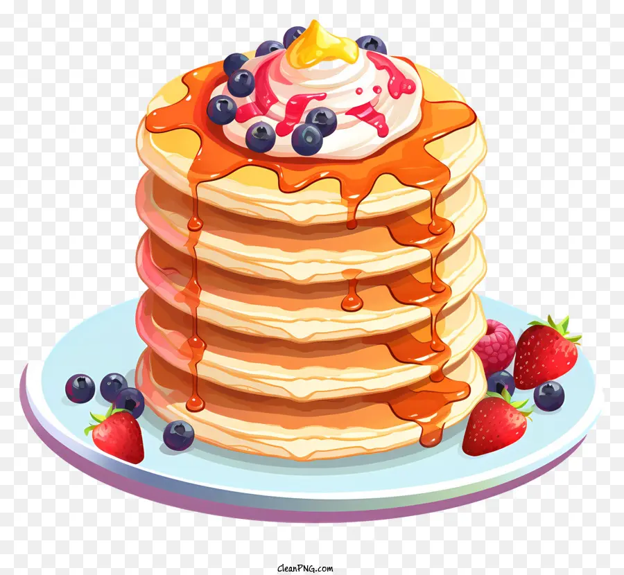 pancake panna montata fragole fresche mirtilli colazione - Pila di pancake con panna montata e bacche