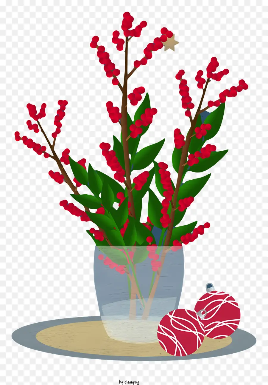 Weihnachtsdekoration - Glasvase mit roten Beeren, Ornament, grauer Hintergrund