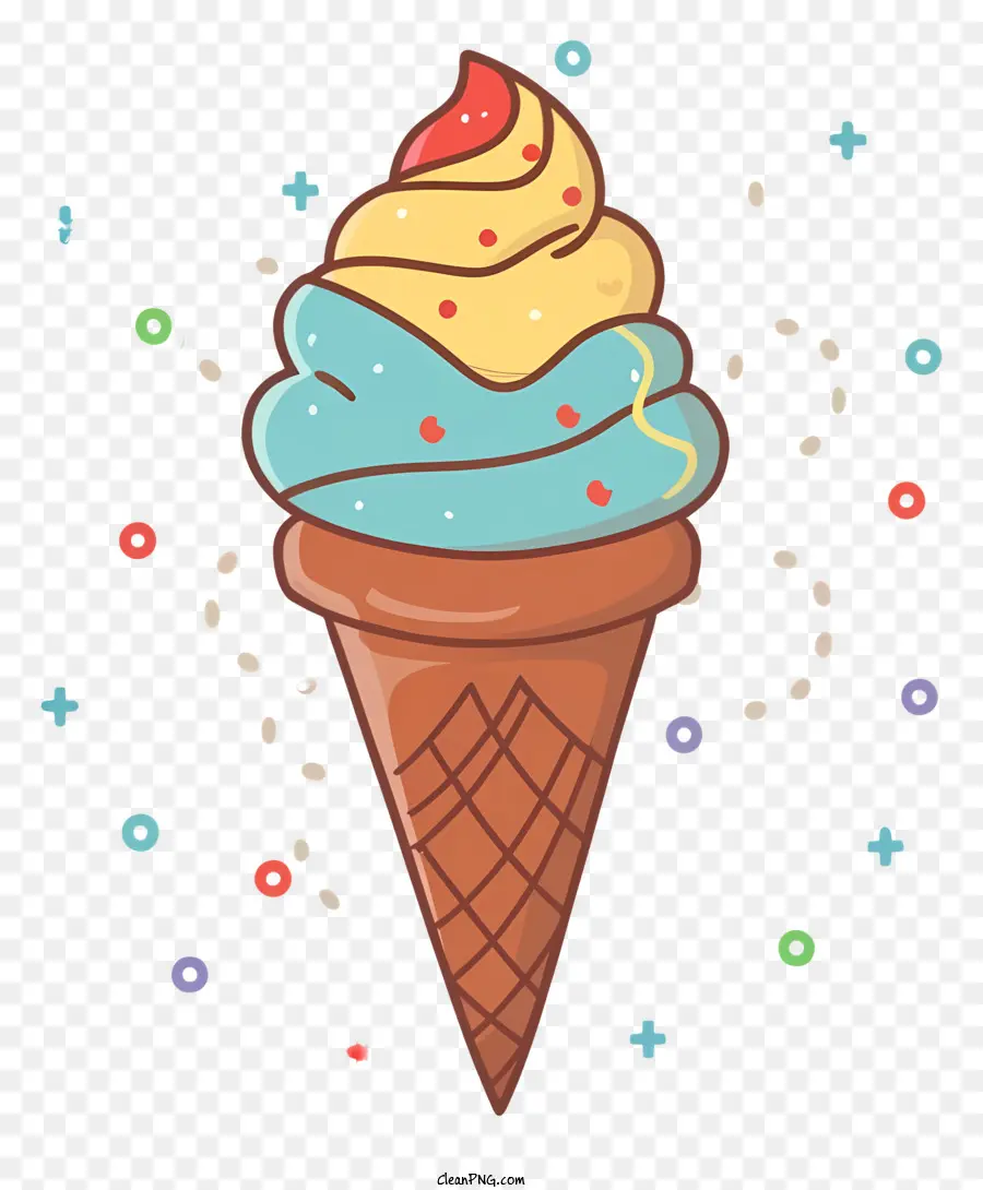 ice cream cone cartoon style colored frosting confetti bubbles