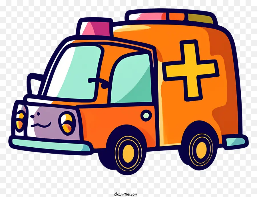Cartoon Ambulance Smiley Face Ambulance Orange Ambulance süßer Krankenwagen Spaß am Krankenwagen - Netter, lustiger Cartoon -Krankenwagen mit Smiley -Gesicht