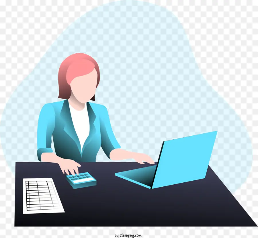 Frau am Schreibtisch Laptop Computer Taschenrechner Schwarzes Hemd Pferdeschwanz Frisur - Fokussierte Frau am Schreibtisch mit Laptop und Taschenrechner