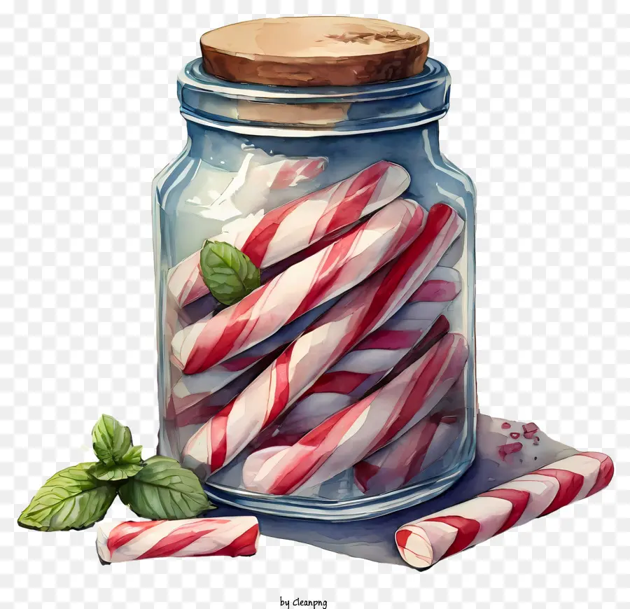 candy canes glass jar red and white striped green leaves clear glass