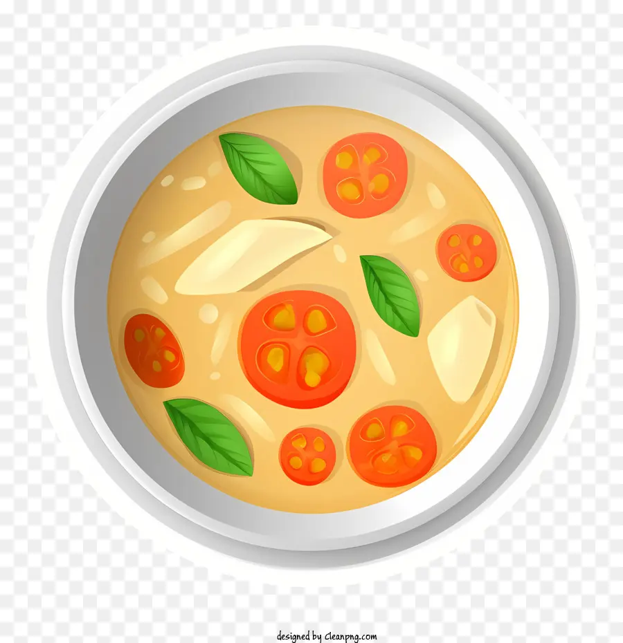 Tomatensuppe Basilikumblätter dampfende Suppe gelbe Suppe Schüssel Suppe - Tomaten -Basilikum -Suppe bereit, serviert zu werden