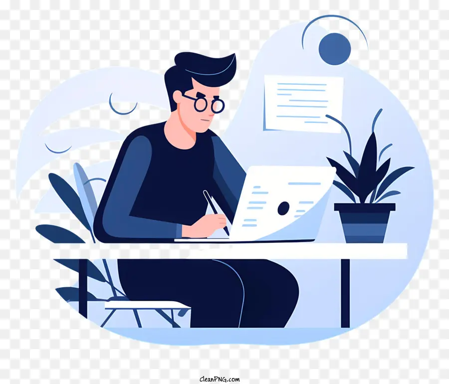 Brille - Mann am Schreibtisch mit Laptop, Brille, Pflanze