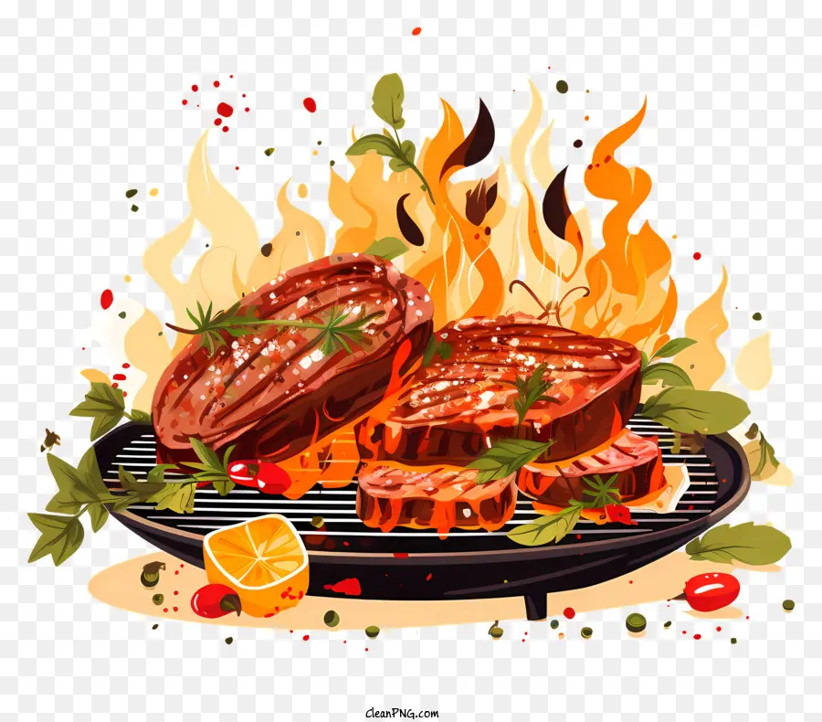 barbecue grill pollo bistecca di verdure fiamme - Grill barbecue fiammeggiante con carni e verdure