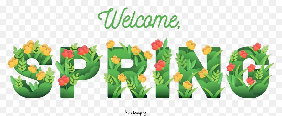 welcome sign green letters tulips leaves black background