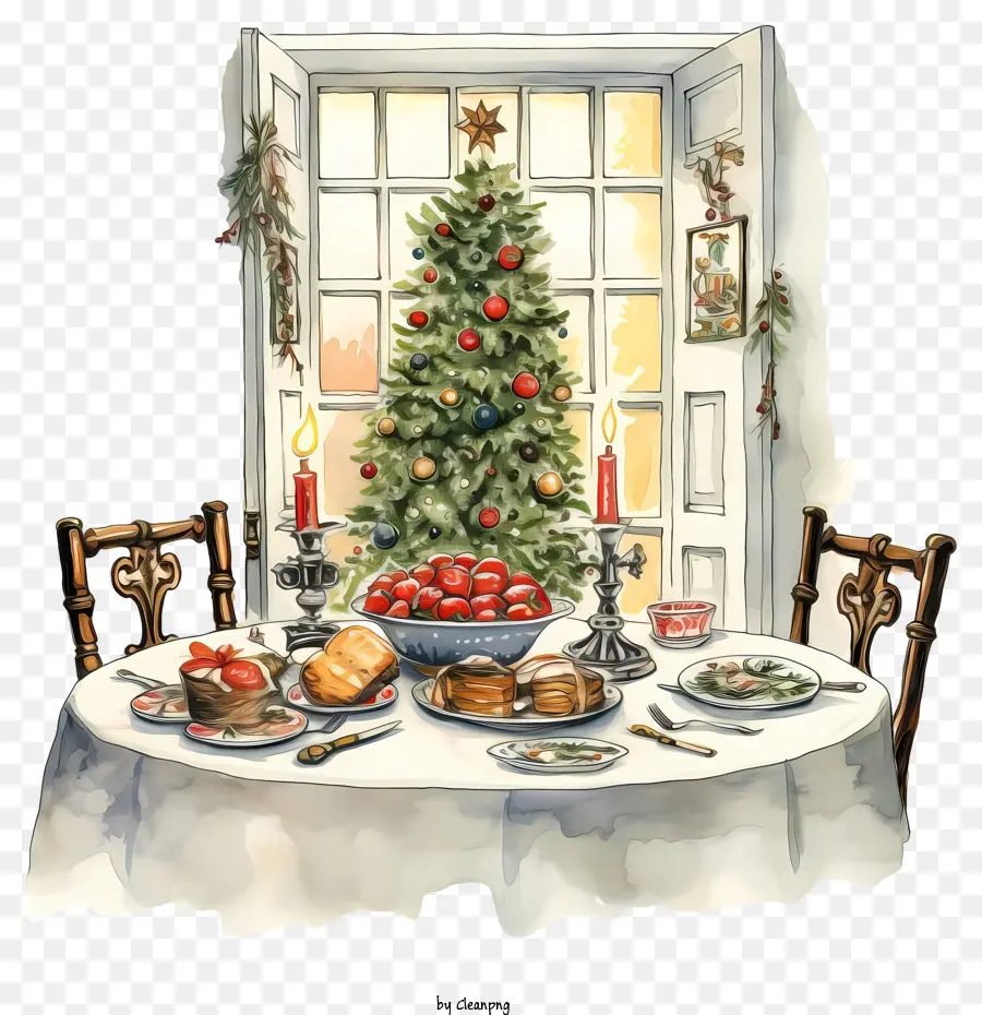 Il vischio - Tavolo da pranzo di Natale con decorazioni e cibo