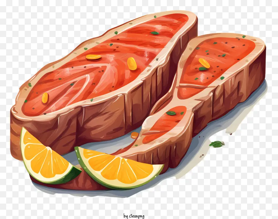 geschnittenes Steak mittelgroße seltene Platte geschnittene Zitronen Orangenscheibe - Hell beleuchtet, köstlich aussehendes Steak mit Zitrusscheiben