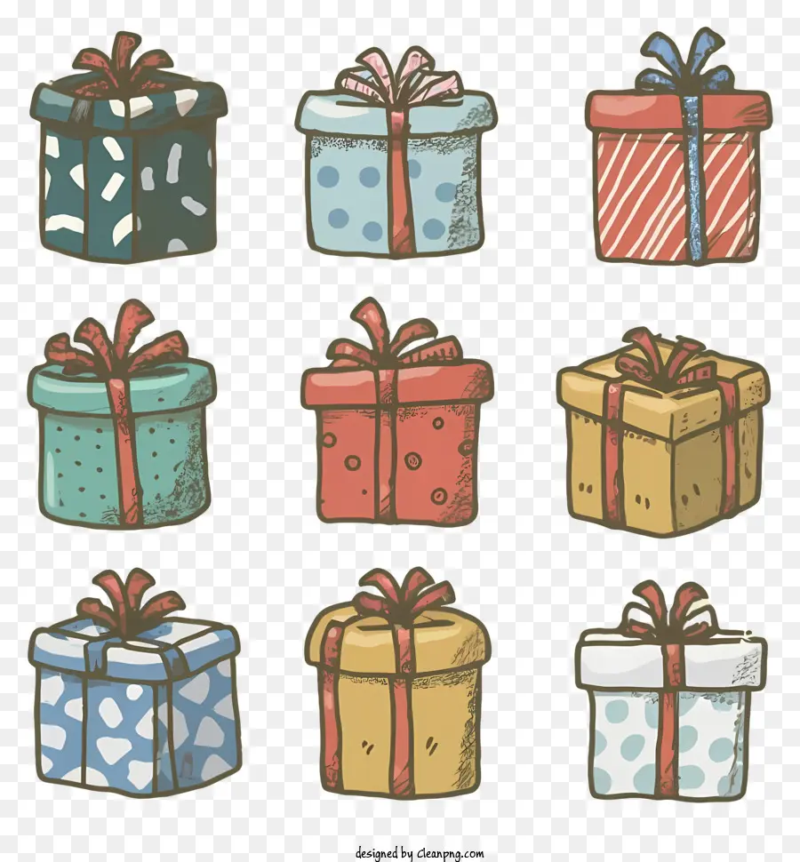 Geschenkverpackungsband und Bögen schwarzer Hintergrund bunte Geschenke Verzierte Geschenke - Farbenfrohe, verzierte Geschenke, die mit Band und Bögen verpackt sind