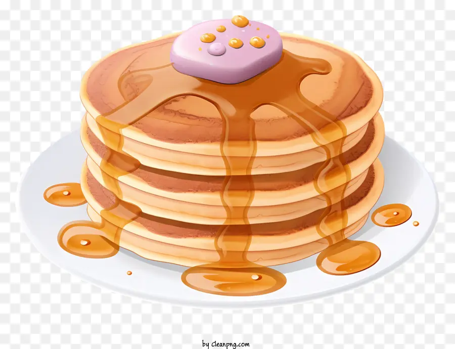 pancake sullo sciroppo montato panna cioccolato goccia fumetto in stile - Stack di pancake in stile cartone animato con condimenti