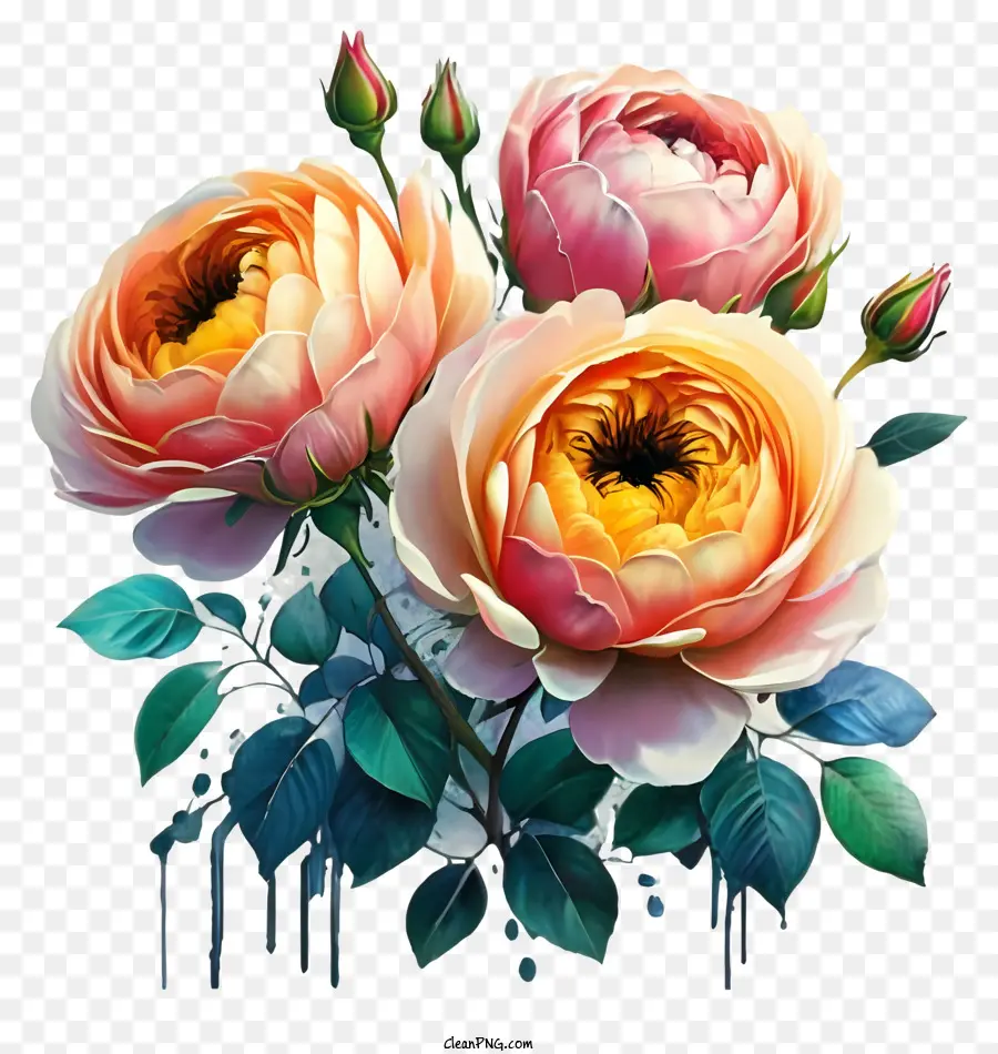 hoa hồng - Ba hoa hồng màu hồng với những giọt nước trên thân cây