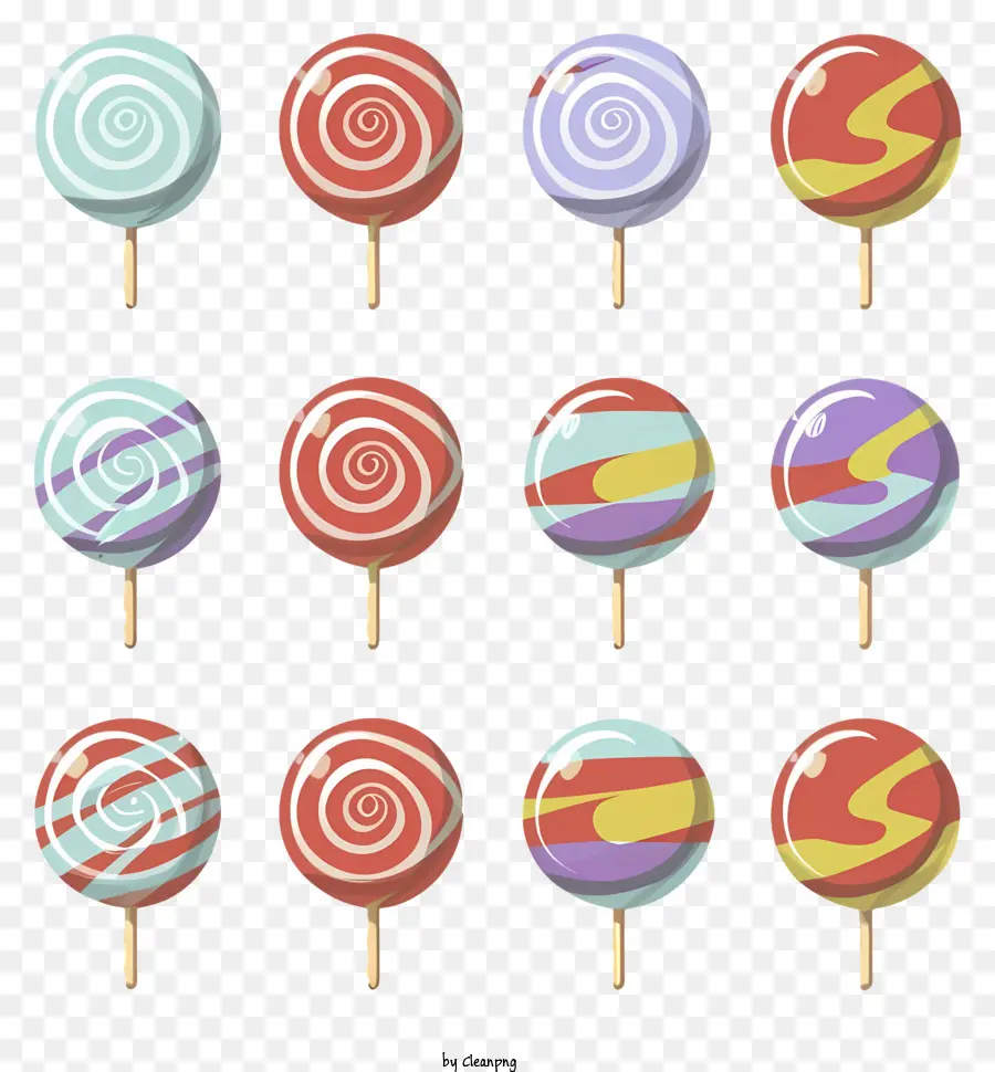 lollipops farbige Lollipops Wirbel Muster Lutscher transparente Lutscher rot und weißer Wirbel Lutscher - Bunte Lutscher in kreisförmiger Anordnung auf schwarzem Hintergrund