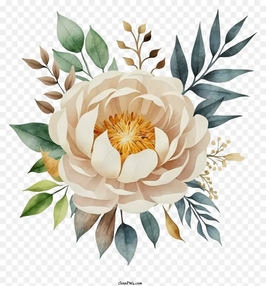 white peony flower green leaves vines floral art naturalistic petals