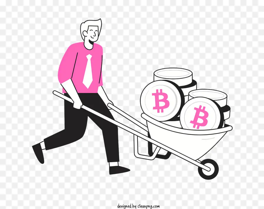 Bitcoin - Mann, der Schubkarre mit Stapeln rosa Bitcoins drückt