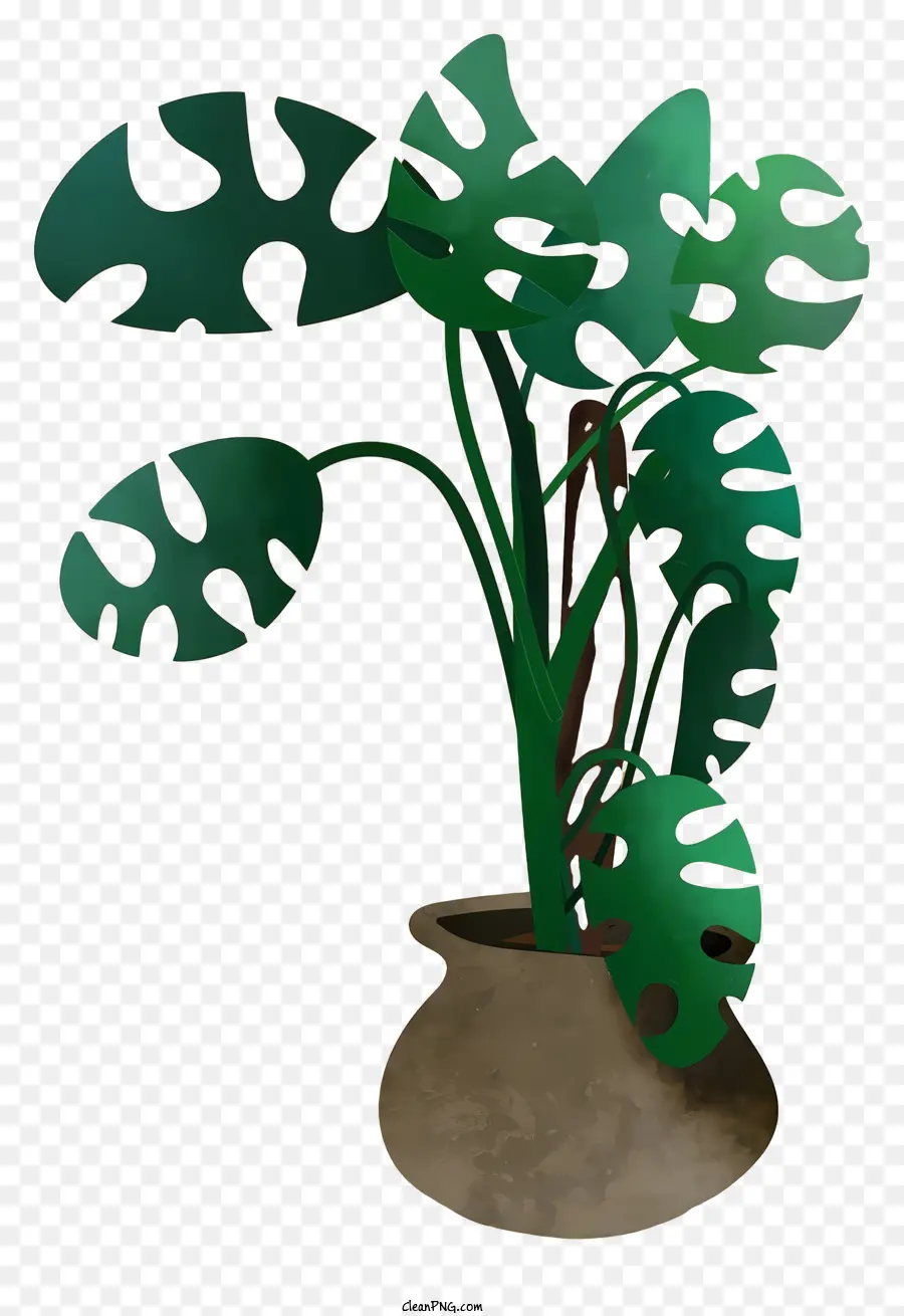 Grande pianta verde pentola marrone foglie verdi steli marroni pianta realistica - Pianta verde realistica in pentola marrone, sfondo di previo